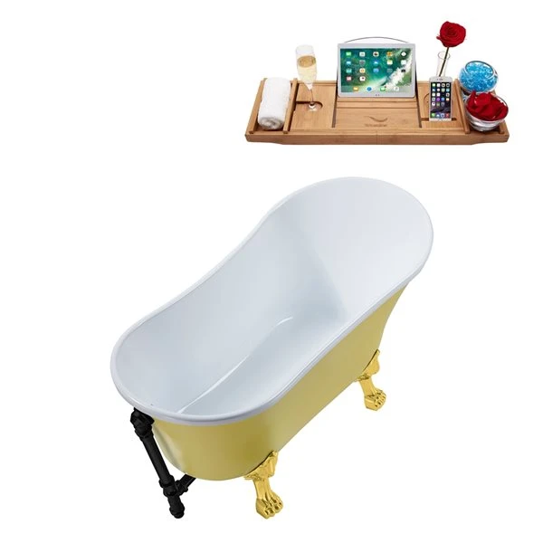 Streamline 27W X 55L Matte Yellow Acrylic Clawfoot Bathtub With Polished Gold Feet And Reversible Drain With Tray
