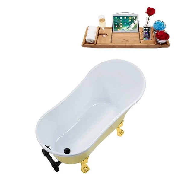 Streamline 27W X 55L Matte Yellow Acrylic Clawfoot Bathtub With Polished Gold Feet And Reversible Drain With Tray - Image 4