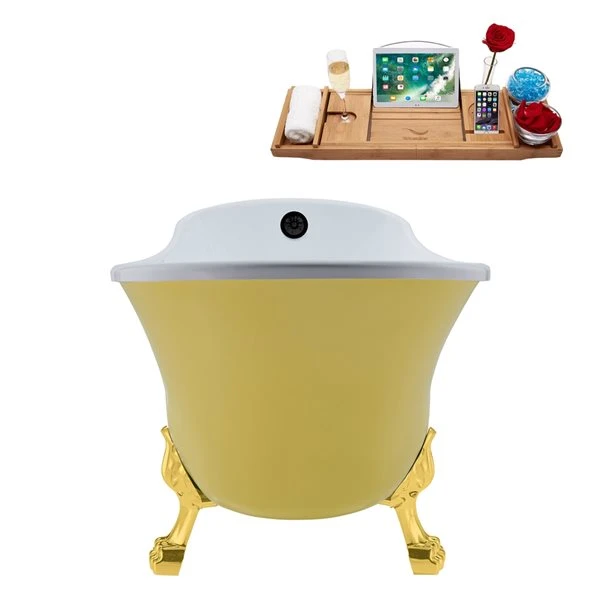 Streamline 27W X 55L Matte Yellow Acrylic Clawfoot Bathtub With Polished Gold Feet And Reversible Drain With Tray - Image 5