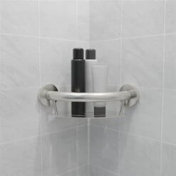 Healthcraft Products Plus Series 4.75-in Brushed Stainless Steel Wall Mount Grab Bar With Corner Shelf - ADA Compliant