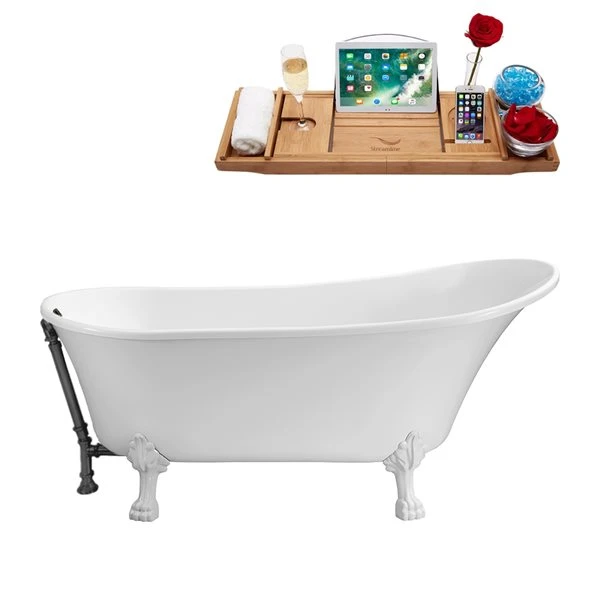 Streamline 26.8-in W X 55.1-in L White Acrylic Oval Clawfoot Bathtub - External Drain And Tub Tray Included - Image 5