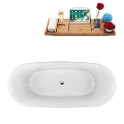 Streamline 66.9-in L X 30.7-in W White Acrylic Oval Clawfoot Bathtub With Internal Drain And Tub Tray