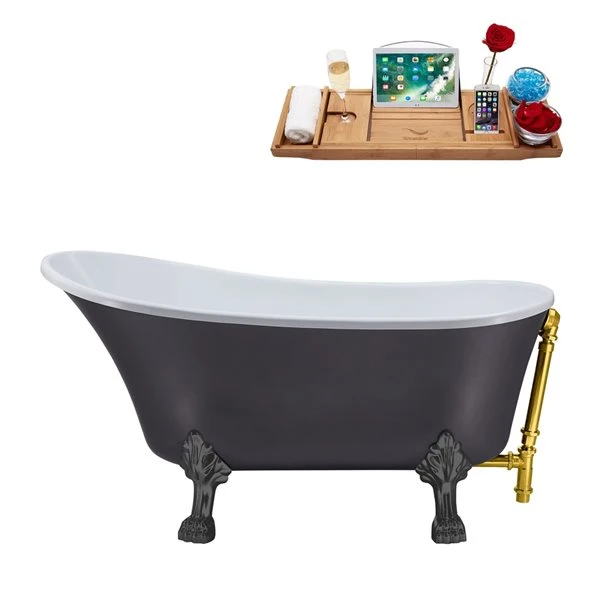 Streamline 63-in L X 28.3-in W Grey Acrylic Oval Clawfoot Bathtub - External Drain And Tub Tray Included - Image 4