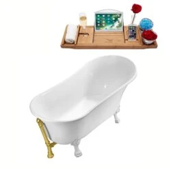 Streamline 28.3-in W X 63-in L White Acrylic Oval External Drain Clawfoot Bathtub With Tub Tray