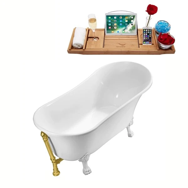 Streamline 28.3-in W X 63-in L White Acrylic Oval External Drain Clawfoot Bathtub With Tub Tray