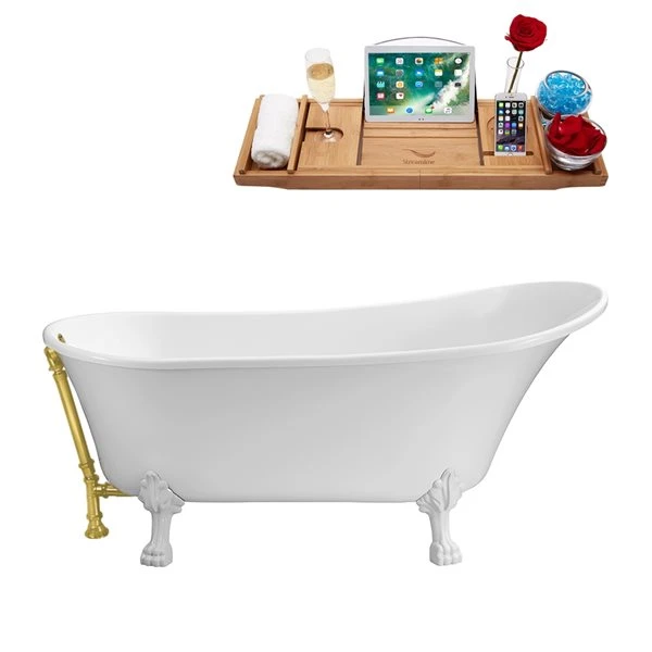 Streamline 28.3-in W X 63-in L White Acrylic Oval External Drain Clawfoot Bathtub With Tub Tray - Image 4