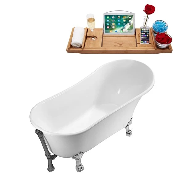 Streamline 27.6-in W X 59.1-in L White Acrylic Oval Clawfoot Bathtub With External Drain And Tub Tray Included - Image 4