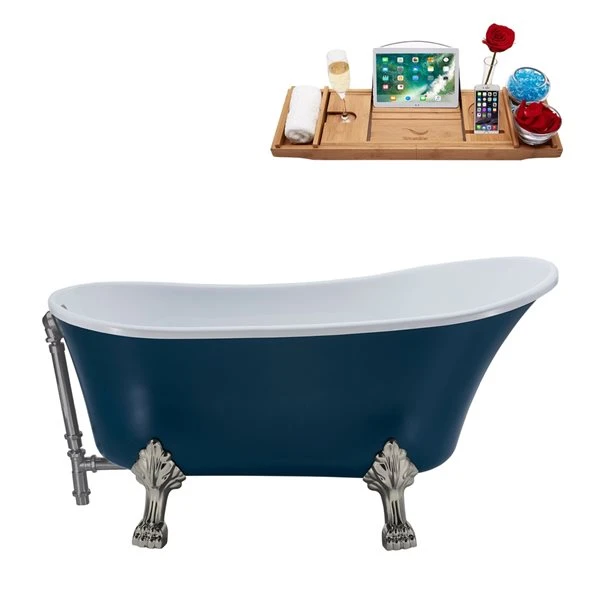 Streamline 63-in L X 28.3-in W Blue Acrylic Oval External Drain Clawfoot Bathtub With Tub Tray