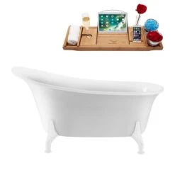 Streamline 28.3-in W X 59.1-in L White Acrylic Oval Internal Drain Clawfoot Bathtub With Tub Tray