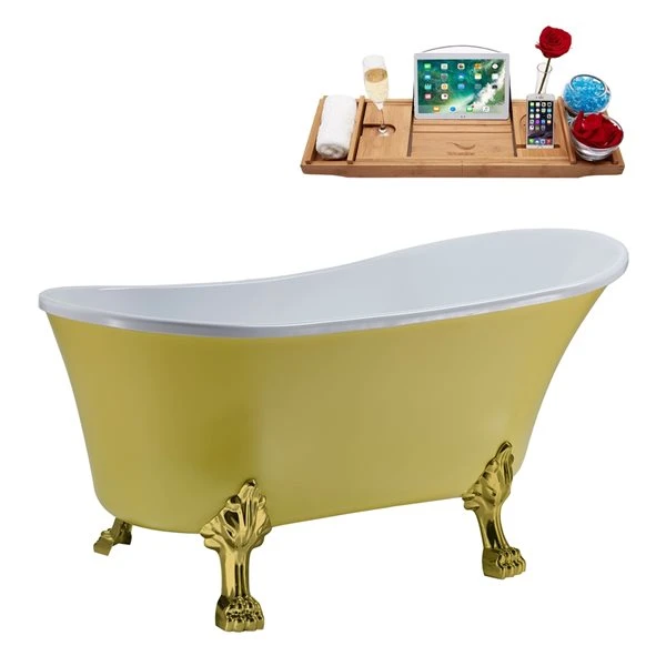 Streamline 55.1-in Yellow/Brushed Nickel Acrylic Oval Reversible Drain Clawfoot Bathub With Tray