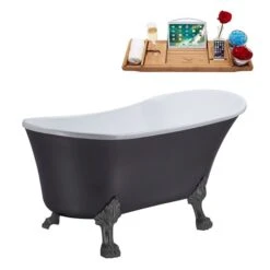 Streamline 55.1-in Gray/Matte Black Acrylic Oval Reversible Drain Clawfoot Bathub With Tray