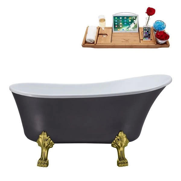 Streamline 63-in Gray/Polished Gold Acrylic Oval Reversible Drain Clawfoot Bathub With Tray