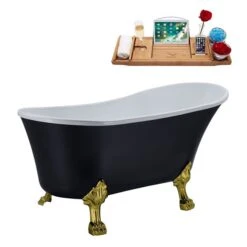 Streamline 55.1-in Black/Polished Gold Acrylic Oval Reversible Drain Clawfoot Bathub With Tray