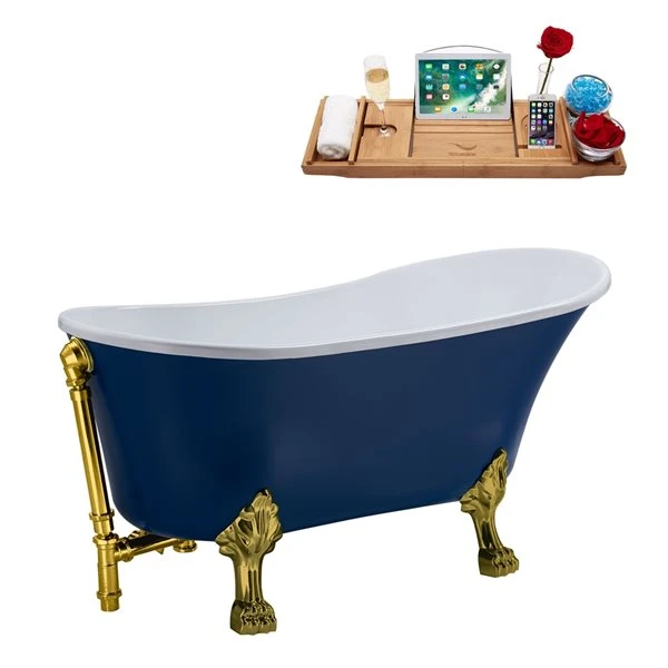 Streamline 55.1-in Blue/Polished Gold Acrylic Oval Reversible Drain Clawfoot Bathub With Tray - Image 4