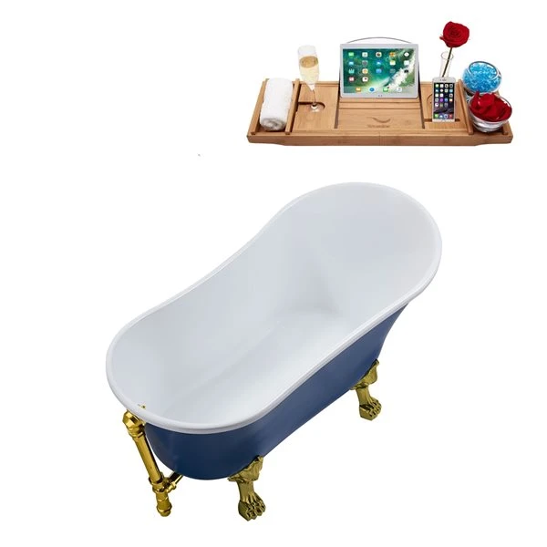 Streamline 55.1-in Blue/Polished Gold Acrylic Oval Reversible Drain Clawfoot Bathub With Tray - Image 2