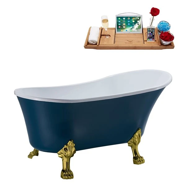 Streamline 63-in Blue/Polished Gold Acrylic Oval Reversible Drain Clawfoot Bathub With Tray - Image 2