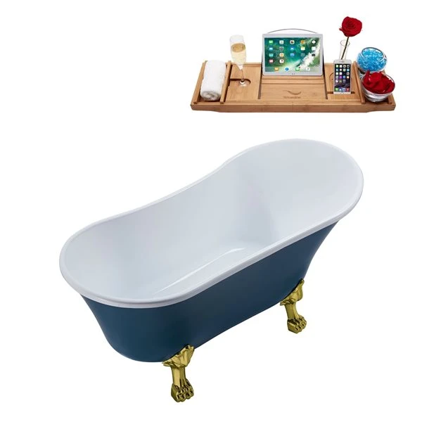Streamline 63-in Blue/Polished Gold Acrylic Oval Reversible Drain Clawfoot Bathub With Tray - Image 4