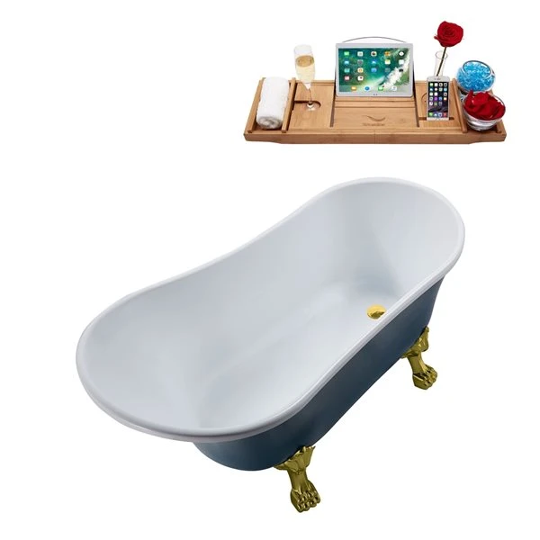 Streamline 63-in Blue/Polished Gold Acrylic Oval Reversible Drain Clawfoot Bathub With Tray - Image 3