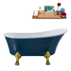 Streamline 63-in Blue/Polished Gold Acrylic Oval Reversible Drain Clawfoot Bathub With Tray