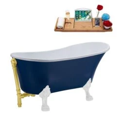 Streamline 55.1-in Blue/Brushed Gold Acrylic Oval Reversible Drain Clawfoot Bathub With Tray