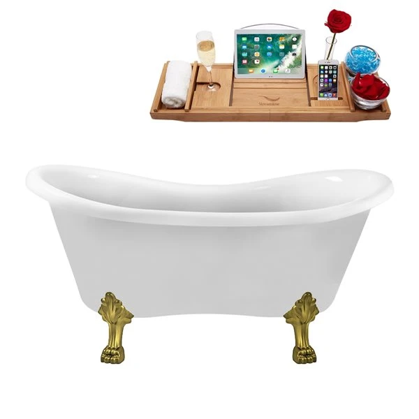 Streamline 30.7-in W X 62.2-in L Acrylic Oval Brushed Gold/White Reversible Drain Clawfoot Bathtub With Tray