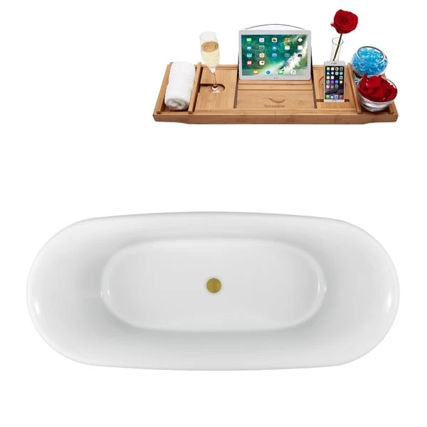 Streamline 30.7-in W X 66.9-in L White/Brushed Gold Acrylic Oval Center Drain Clawfoot Bathtub With Tray - Image 4