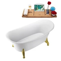 Streamline 28.3-in W X 59.1-in L Brushed Nickel/White Acrylic Oval Center Drain Clawfoot Bathtub With Tray