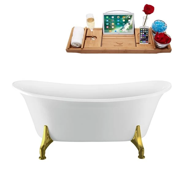 Streamline 28.3-in W X 59.1-in L Brushed Nickel/White Acrylic Oval Center Drain Clawfoot Bathtub With Tray - Image 3