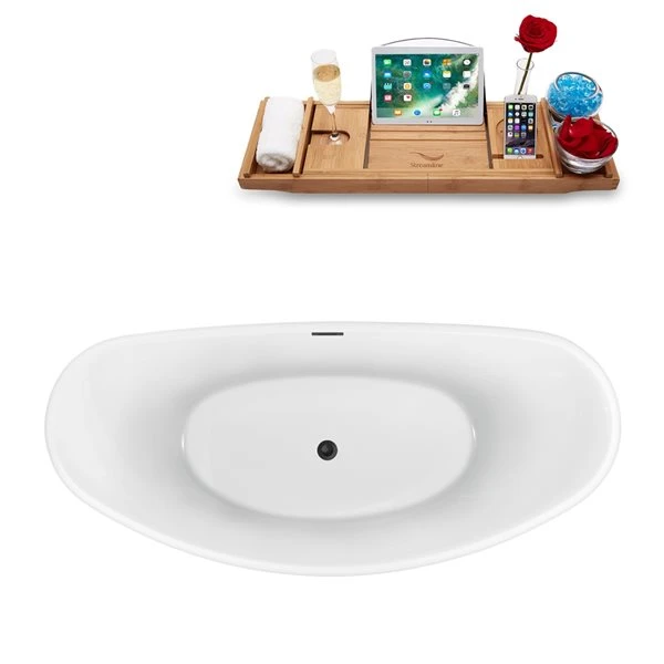 Streamline 35.4-in W X 74.8-in L Brushed Gunmetal/White Acrylic Oval Center Drain Freestanding Bathtub With Tray - Image 3