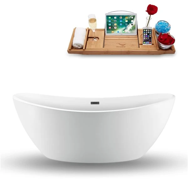 Streamline 35.4-in W X 74.8-in L Brushed Gunmetal/White Acrylic Oval Center Drain Freestanding Bathtub With Tray - Image 5