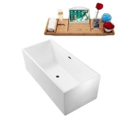 Streamline 31.5-in W X 65.7-in L White/Brushed Gunmetal Acrylic Rectangular Center Drain Freestanding Bathtub With Tray
