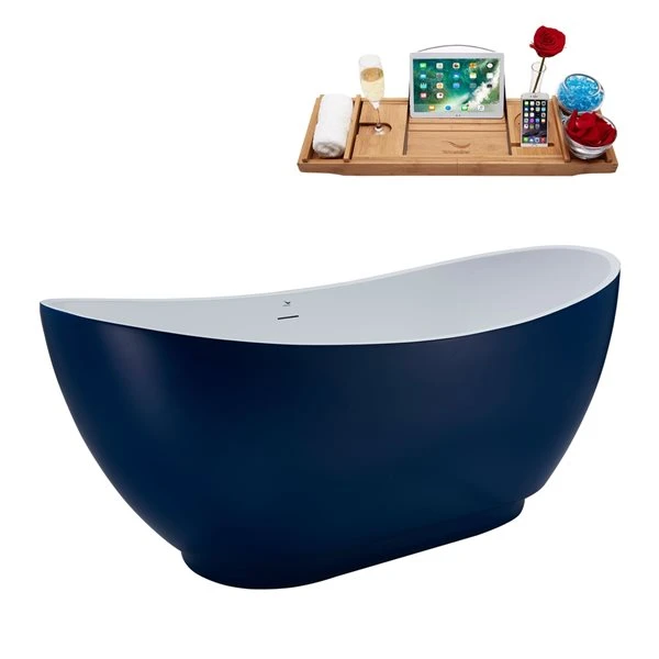 Streamline 28.3-in W X 62.2-in L Blue/Brushed Gunmetal Acrylic Oval Center Drain Freestanding Bathtub With Tray - Image 2