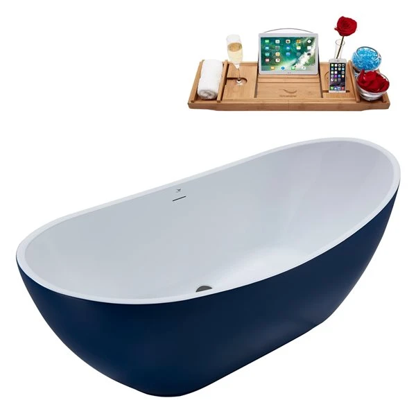 Streamline 28.3-in W X 62.2-in L Blue/Brushed Gunmetal Acrylic Oval Center Drain Freestanding Bathtub With Tray - Image 3