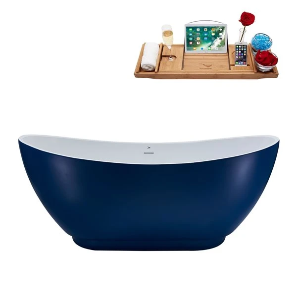 Streamline 28.3-in W X 62.2-in L Blue/Brushed Gunmetal Acrylic Oval Center Drain Freestanding Bathtub With Tray - Image 4