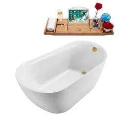 Streamline 28.3-in W X 59.1-in L Brushed Gold/White Acrylic Oval Reversible Drain Freestanding Bathtub With Tray