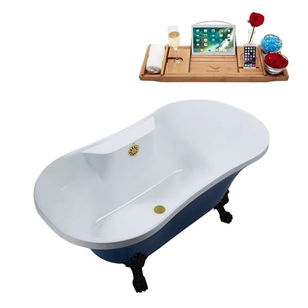 Streamline 32-in W X 60-in L Acrylic Blue/Brushed Gold Oval Center Drain Clawfoot Bathtub With Tray - Image 2