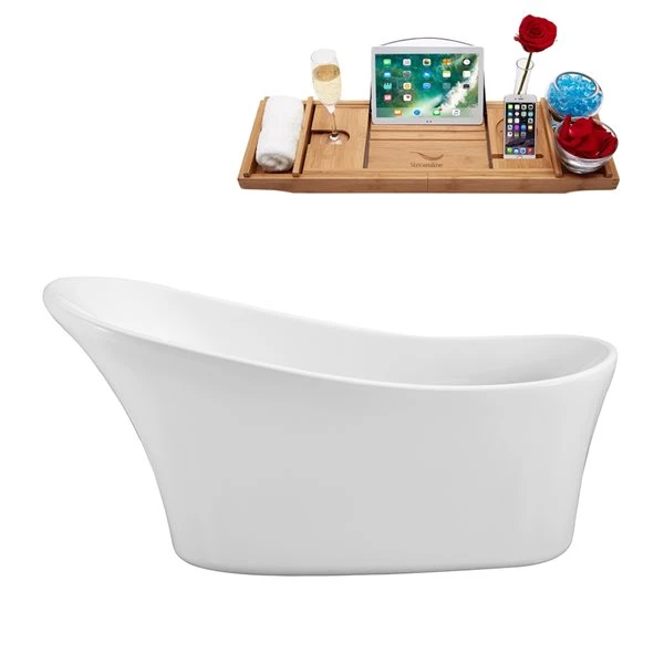 Streamline 27.6-in W X 62.6-in L White/Brushed Gunmetal Acrylic Oval Reversible Drain Freestanding Bathtub With Tray