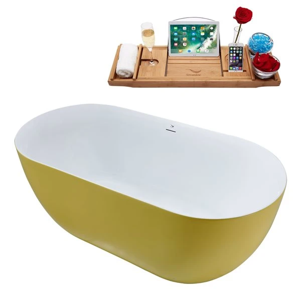 Streamline 28.3-in W X 59.1-in L Yellow/Brushed Gold Acrylic Oval Center Drain Freestanding Bathtub With Tray - Image 3