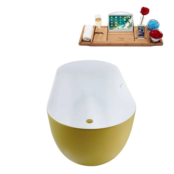 Streamline 28.3-in W X 59.1-in L Yellow/Brushed Gold Acrylic Oval Center Drain Freestanding Bathtub With Tray