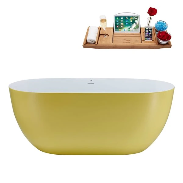 Streamline 28.3-in W X 59.1-in L Yellow/Brushed Gold Acrylic Oval Center Drain Freestanding Bathtub With Tray - Image 4