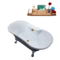 Streamline 60-in L X 32-in W Oval Brushed Gold/Grey Acrylic Center Drain Clawfoot Bathtub With Tray