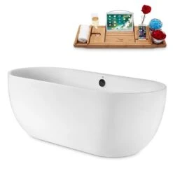 Streamline 29.5-in W X 66.9-in L White/Brushed Gunmetal Acrylic Oval Center Drain Freestanding Bathtub With Tray