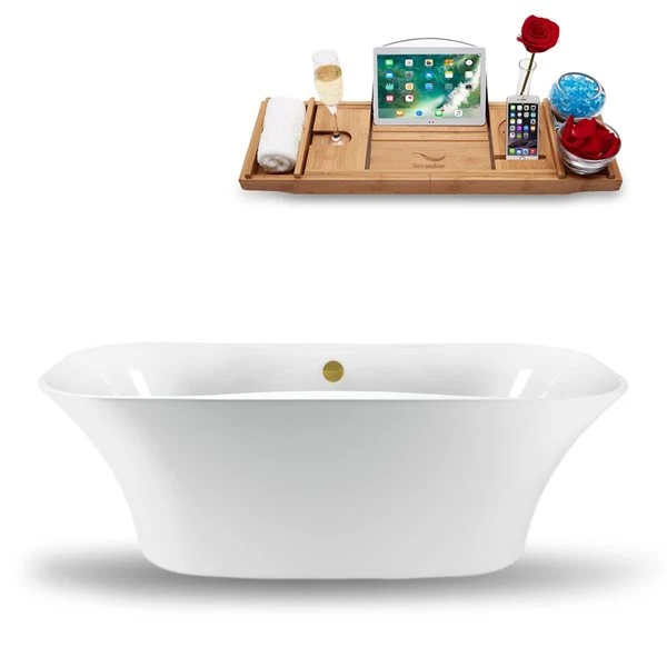 Streamline 28.3-in W X 59.1-in L Brushed Gold/White Acrylic Rectangular Reversible Drain Freestanding Bathtub With Tray - Image 5