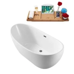 Streamline 28.3-in W X 66.9-in L White/Brushed Gunmetal Acrylic Oval Center Drain Freestanding Bathtub With Tray