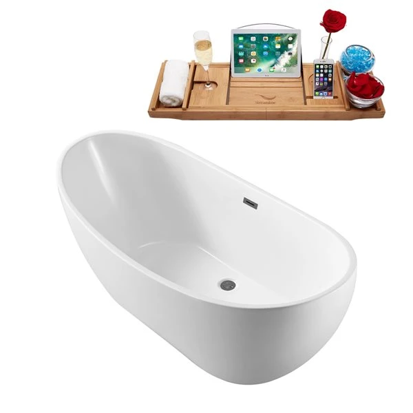 Streamline 28.3-in W X 66.9-in L White/Brushed Gunmetal Acrylic Oval Center Drain Freestanding Bathtub With Tray