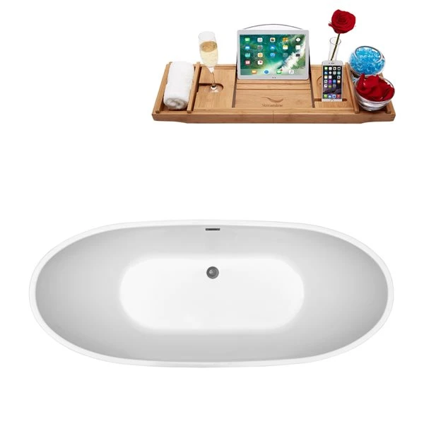 Streamline 28.3-in W X 66.9-in L White/Brushed Gunmetal Acrylic Oval Center Drain Freestanding Bathtub With Tray - Image 4