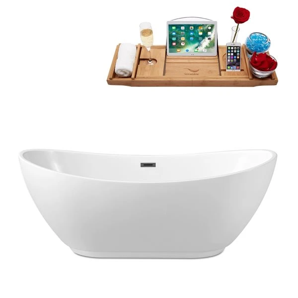 Streamline 28.3-in W X 66.9-in L White/Brushed Gunmetal Acrylic Oval Center Drain Freestanding Bathtub With Tray - Image 2