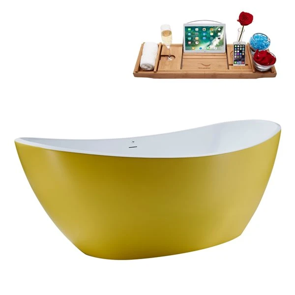Streamline 35.4-in W X 74.8-in L Yellow/Brushed Gunmetal Acrylic Oval Center Drain Freestanding Bathtub With Tray - Image 5