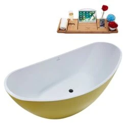 Streamline 35.4-in W X 74.8-in L Yellow/Brushed Gunmetal Acrylic Oval Center Drain Freestanding Bathtub With Tray