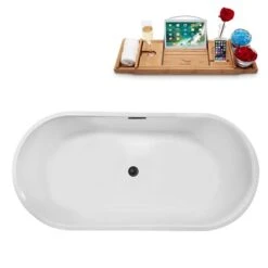 Streamline 29.5-in W X 61.8-in L White/Brushed Gunmetal Acrylic Oval Center Drain Freestanding Bathtub With Tray